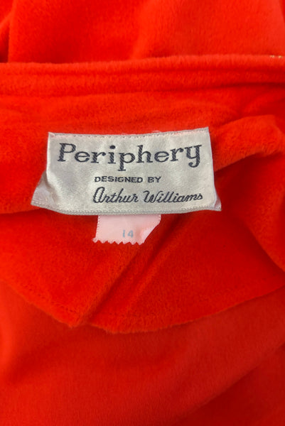 Interior detail view of 1960s  vintage orange fleece zip front housecoat w/ gold metallic braid by Periphery, size medium to large. Showing the Periphery label and size 14 tag.