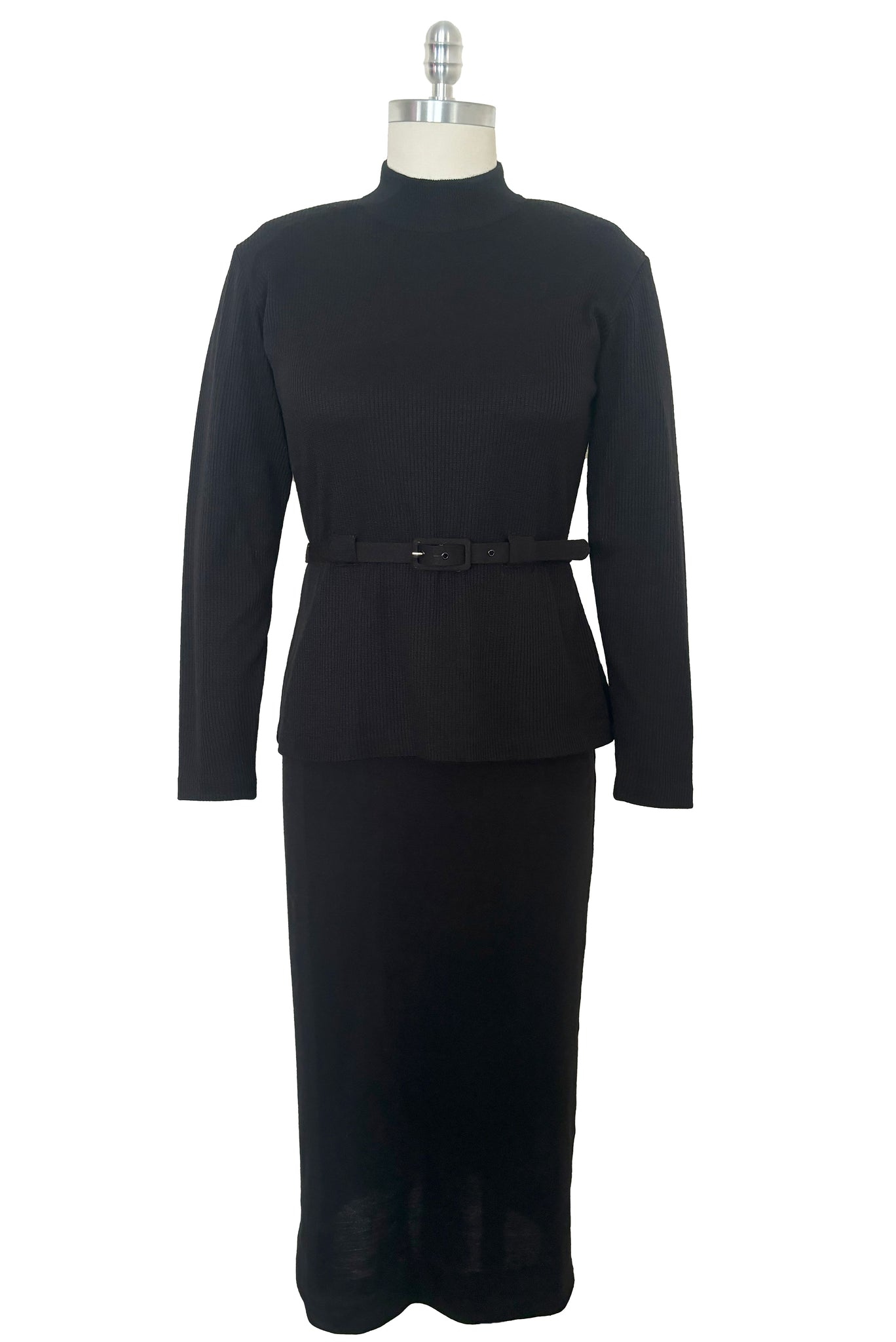 Front view of 1990s black mockneck wool blend sweater dress with peplum by Liz Claiborne, medium to large.