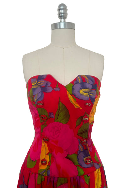 Bodice front view of 1990s vintage red, pink, yellow, green, and purple floral strapless dress by AJ Bari, size small to medium.