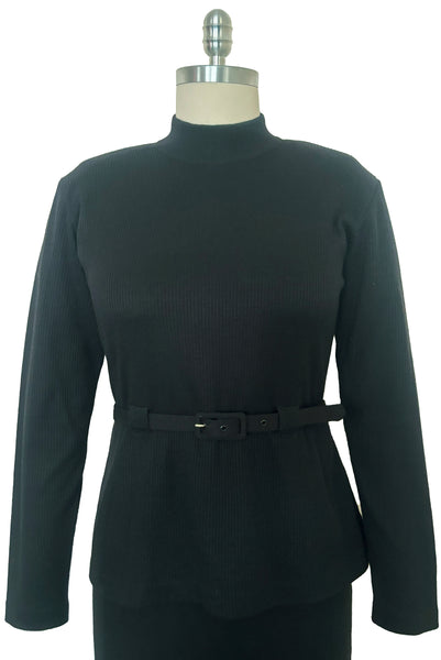 Bodice front view of 1990s black mockneck wool blend sweater dress with peplum by Liz Claiborne, medium to large. Showing the ribbed knitted bodice with built in belt carriers and matching belt.