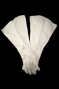 Vertical pair view of 1930s vintage cream mid length gathered tie detail gauntlet gloves, by Picairdy Stitch.