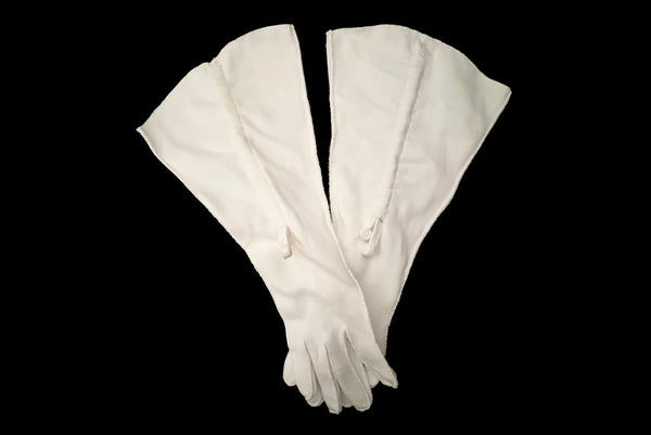 Horizontal pair view of 1930s vintage cream mid length gathered tie detail gauntlet gloves, by Picairdy Stitch.