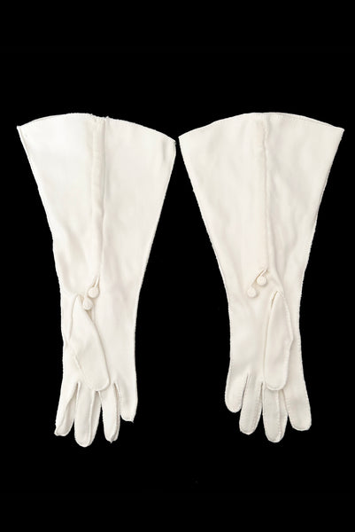 Horizontal back view of 1930s vintage cream mid length gathered tie detail gauntlet gloves, by Picairdy Stitch.