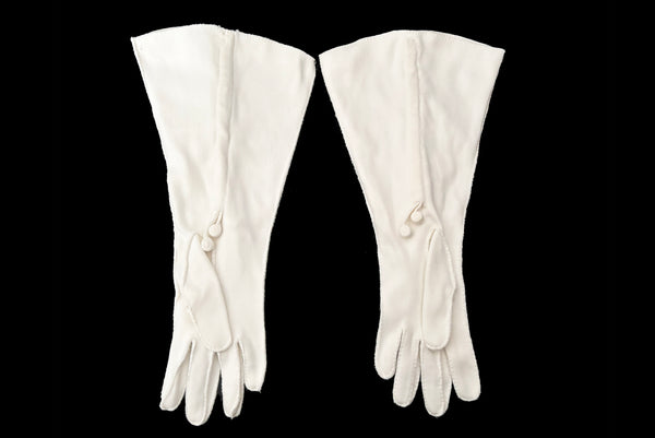 Vertical back view of 1930s vintage cream mid length gathered tie detail gauntlet gloves, by Picairdy Stitch.