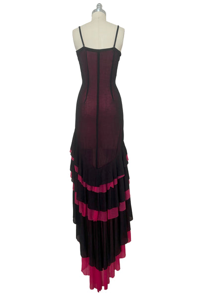 Back view of 2000s vintage hot pink & black ruffled mesh dance dress costume, size small to medium.