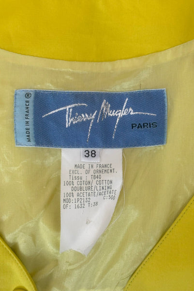 Interior detail view of 1990s vintage chartreuse cotton snap front dress with lacing details by designer Thierry Mugler, size extra small to small. Showing the Thierry Mugler label, size 38 and fabric composition tags.