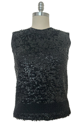 Front view of 1960s vintage black sequin and beaded fringed sleeveless sweater shell, small to medium.