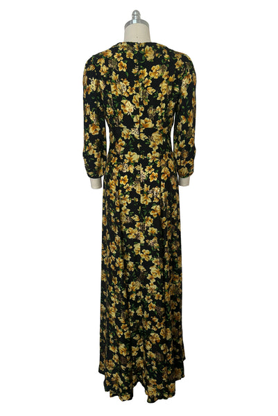 Back view of vintage 2000s made 1940s reproduction black, yellow, and gold floral silk and lurex evening dress, size medium to large.
