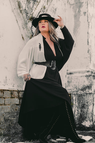 The Leslie Courreges Isadora Robe features a dramatic cocoon shape with a billowing, rounded back and dolman style sleeves.