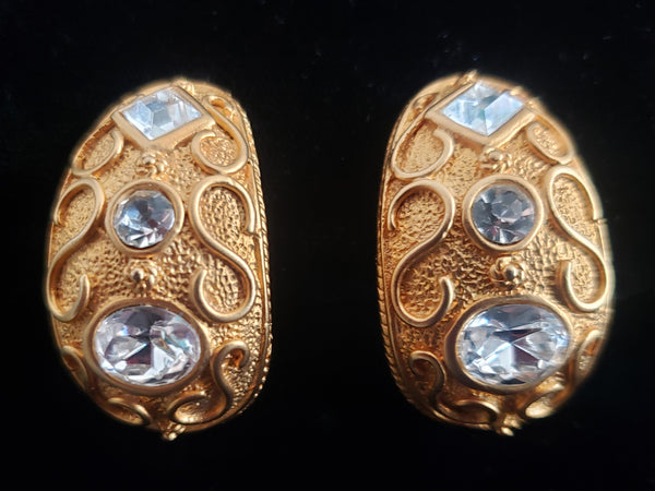 1980s Vintage SIGNED Blanca Matte Gold and Rhinestone Clip Earrings