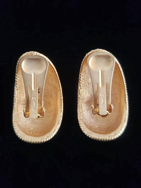 1980s Vintage SIGNED Blanca Matte Gold and Rhinestone Clip Earrings