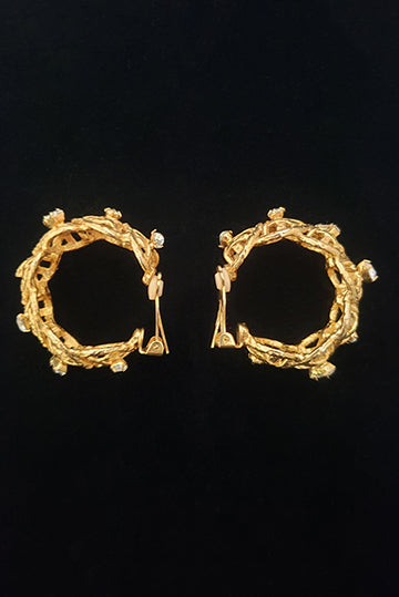 1980s Vintage Brutalist Rhinestone and Gold Tone Clip-on Hoop Earrings