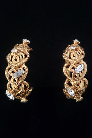 1980s Vintage Brutalist Rhinestone and Gold Tone Clip-on Hoop Earrings