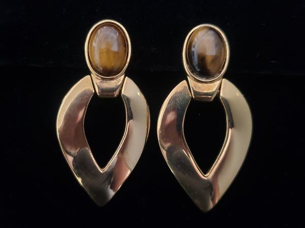 1980s Vintage Tiger's Eye and Gold Tone Drop Earrings