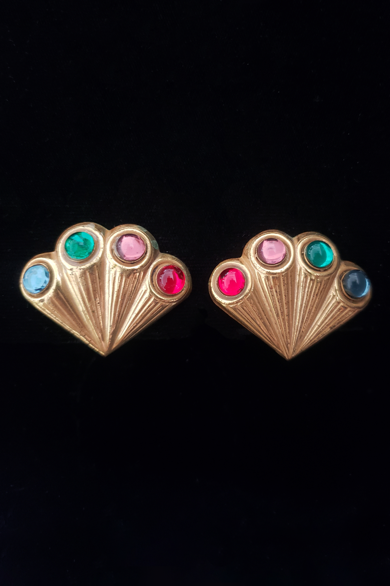 1940s Vintage Miriam Haskell Brass and Multi Color Glass Fan Adjustable Screw Back Earrings
