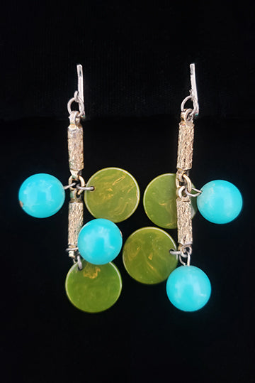 1960s Vintage Gold Tone, Turquoise Plastic, and Green Bakelite Earrings