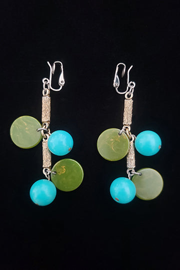 1960s Vintage Gold Tone, Turquoise Plastic, and Green Bakelite Earrings
