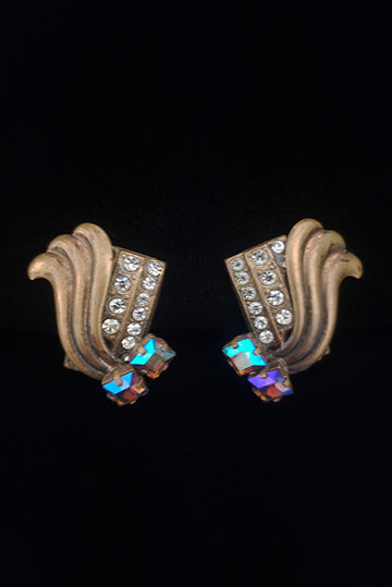 1980s Vintage Brass and Iridescent Purple Rhinestone Clip Earrings