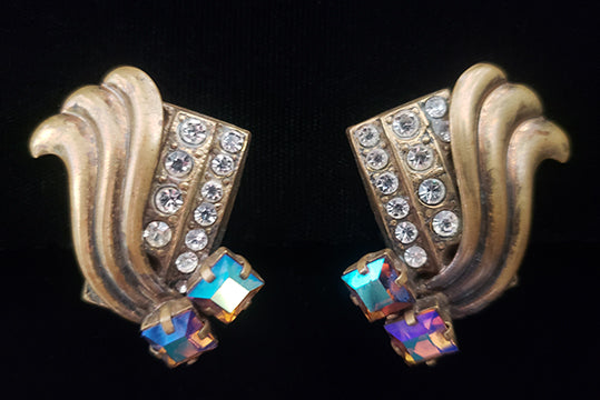 1980s Vintage Brass and Iridescent Purple Rhinestone Clip Earrings