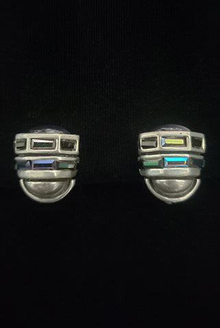 1980s Vintage Silver Tone and Iridescent Baguette Rhinestone Clip Earrings