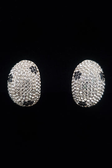 1980s Vintage Silver Tone Black and Clear Pave Rhinestone Clip On Earrings