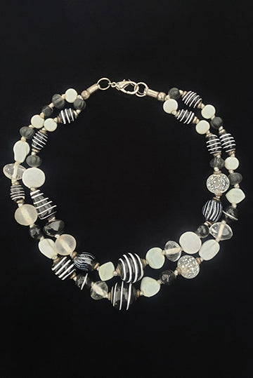 1980s Vintage Double Strand Black & White Lampwork Bead Necklace