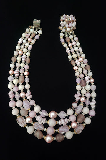 1950s Vintage Lavender and White Lampwork Bead Multi Strand Necklace