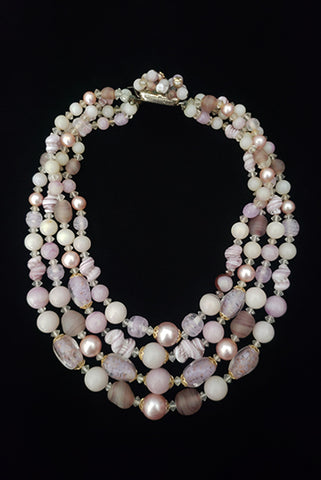 1950s Vintage Lavender and White Lampwork Bead Multi Strand Necklace