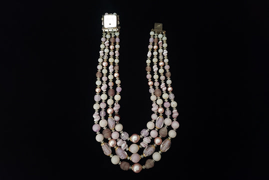 1950s Vintage Lavender and White Lampwork Bead Multi Strand Necklace