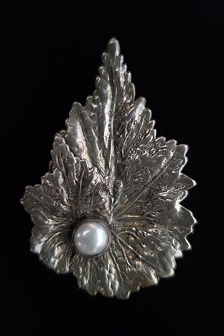 1970s Vintage Silver and Pearl Leaf Brooch