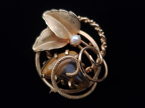 1960s Vintage Gold Tone  Tiger's Eye and Pearl Brooch