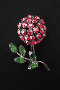1950s Vintage Red and Green Rhinestone Domed Floral Brooch by Warner