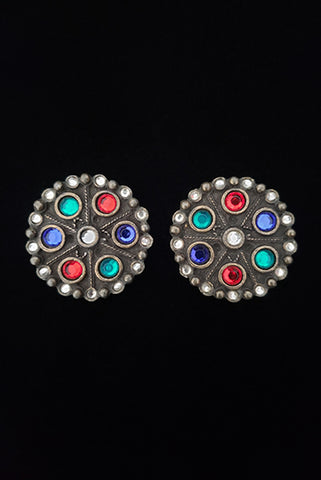 1960s Vintage Pewter Round Green, Red, and Blue Rhinestone Studded Shoe Clips