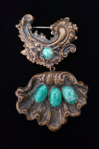 1930s Vintage Baroque Repoussé Darkened Brass and Green Cabochon Brooch