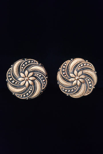 1960s Vintage Black and Copper Glass Button Floral Clip-On Earrings