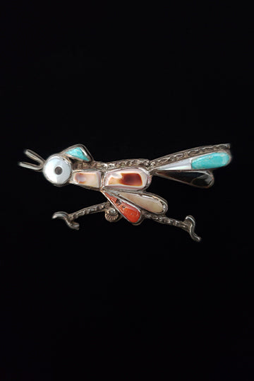 1950s Vintage Zuni Roadrunner Silver, Turquoise, Onyx, and Coral Inlay Brooch