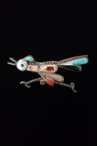 1950s Vintage Zuni Roadrunner Silver, Turquoise, Onyx, and Coral Inlay Brooch