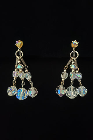 1960s Vintage Iridescent Crystal Bead Drop Clip-On Earrings