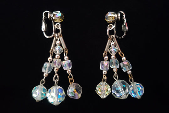 1960s Vintage Iridescent Crystal Bead Drop Clip-On Earrings