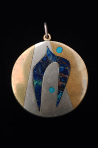 1960s Vintage Taxco Los Castillo Brass and Silver Mixed Metal Azurmalachite and Turquoise Inlay Pendant