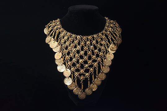 1970s Vintage Large Gold Floral Bib Necklace with Gold Coin Tassels