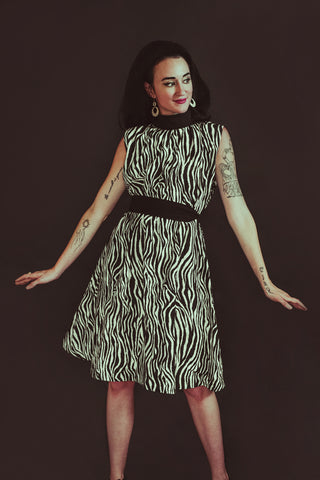 Zebra Print Caftan, Black White Zebra Print Trapeze Dress, Zebra Print Dress with Belt, 1960s Zebra Print Dress