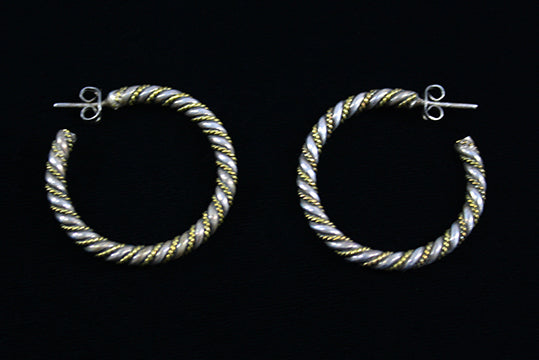 1990s Vintage Silver and Brass Rope Two Tone Hoop Earrings