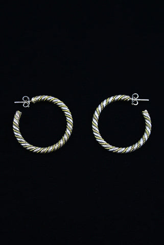 1990s Vintage Silver and Brass Rope Two Tone Hoop Earrings