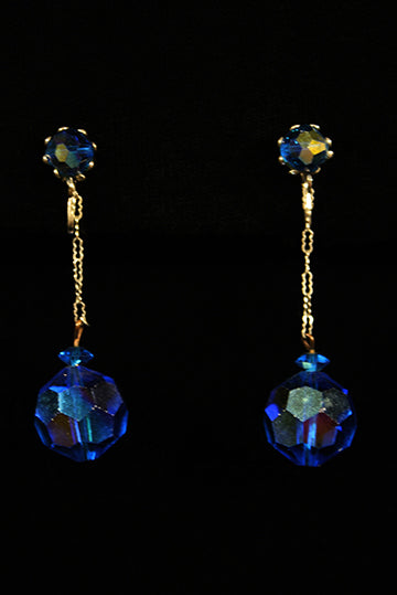 1960s Vintage Iridescent Blue Crystal Bead Drop Clip-On Earrings