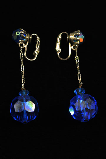 1960s Vintage Iridescent Blue Crystal Bead Drop Clip-On Earrings